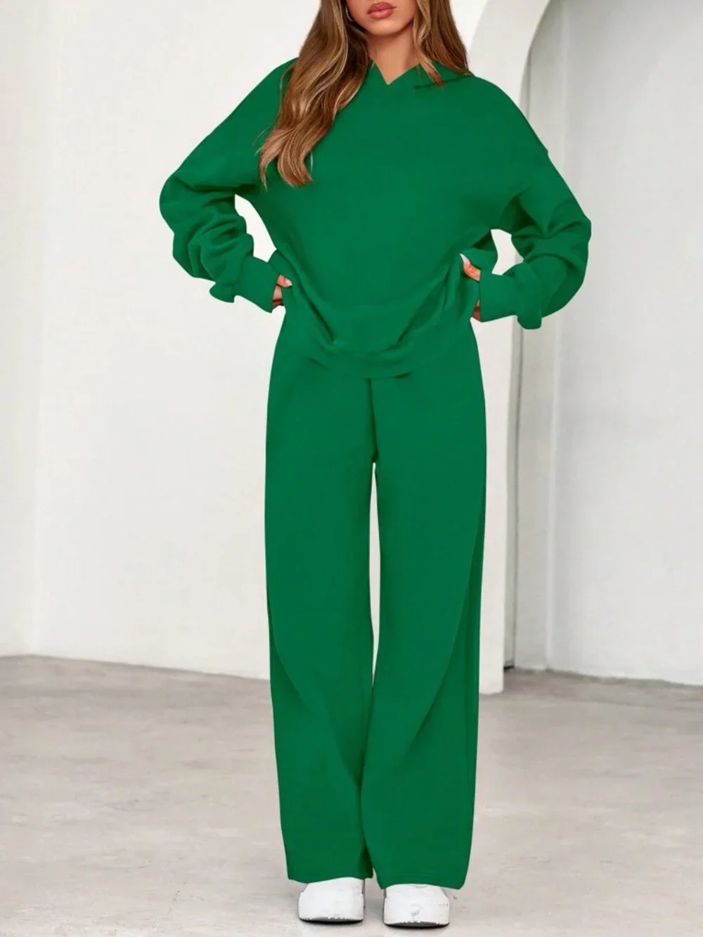 Green Casual Women's Long Sleeve Oversized Loose Wide Leg Sweat Set